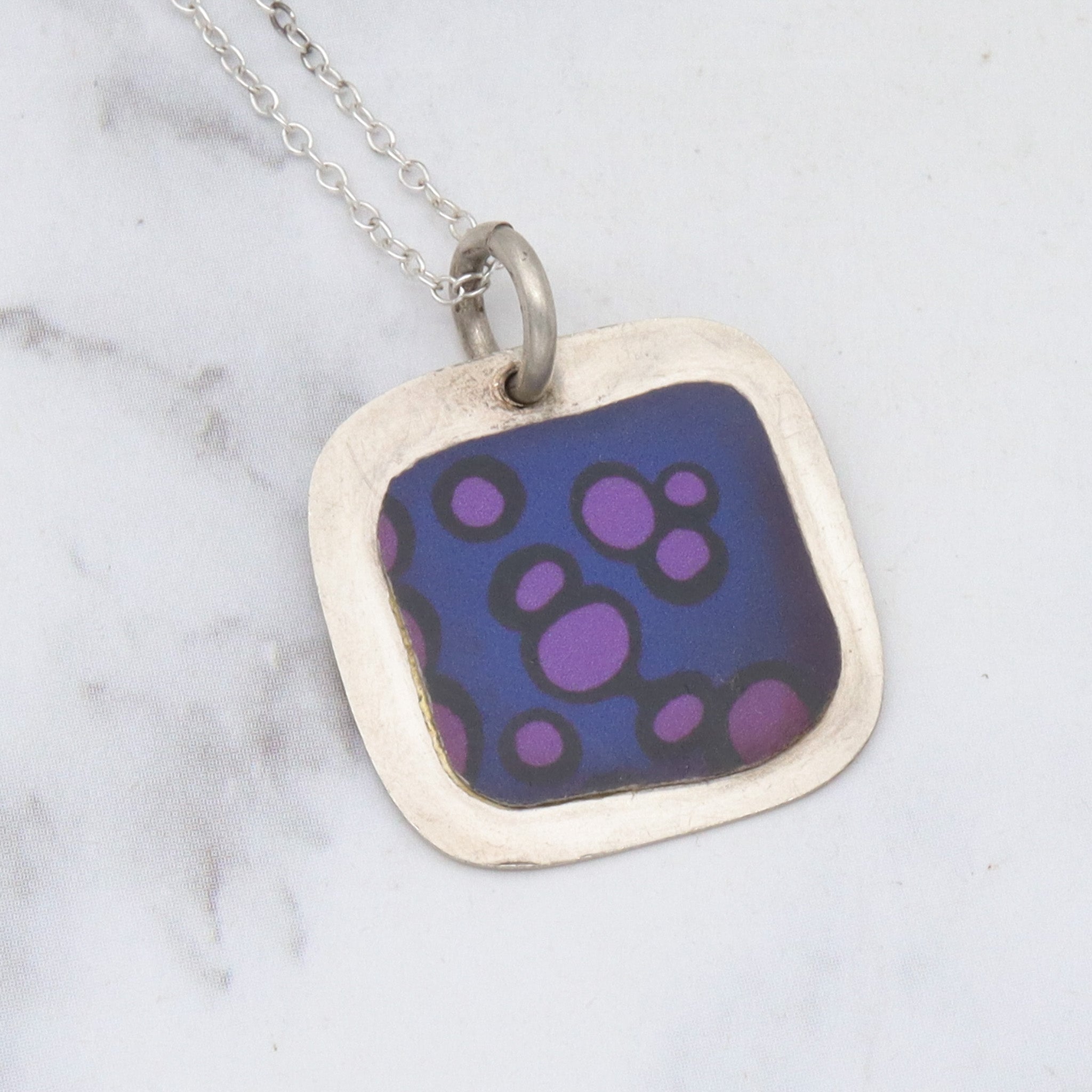 Vintage handmade 90’s sterling enamel tile pendant necklace